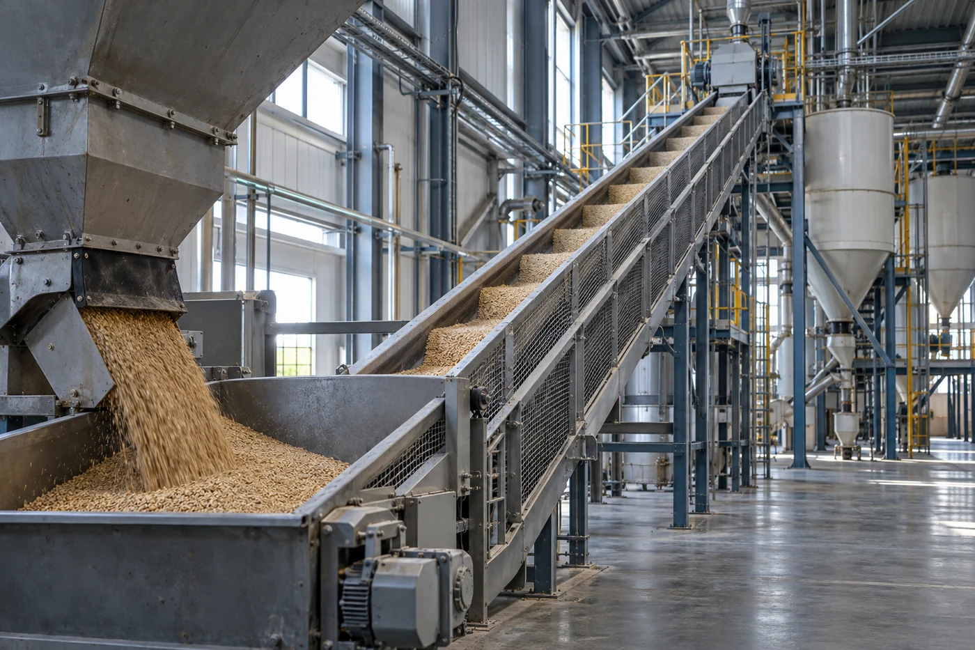 Feed granules moving from an intake hopper toward enclosed processing equipment